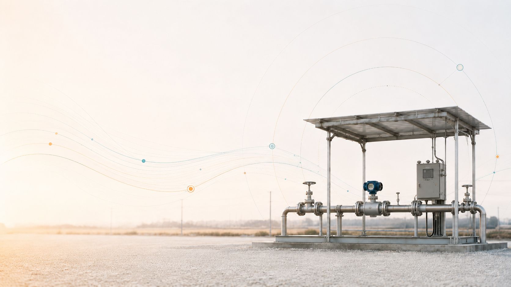 Estación de medición industrial bajo un cobertizo, en un campo abierto al atardecer, con transmisor de flujo y panel de control
